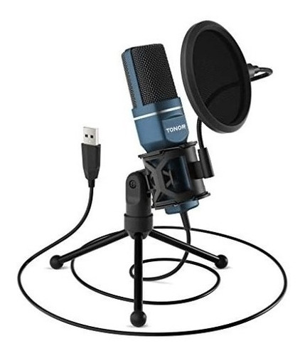 Micrófono Usb Tonor Azul + Soporte Tripode Pc.