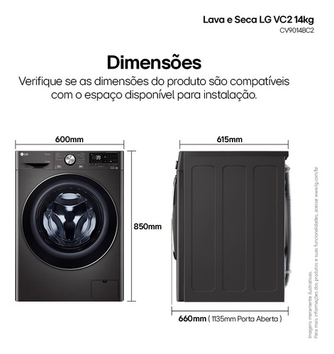 Lava E Seca Smart LG Vc2 Black Inox 14kg 220v Cv9014bc2a