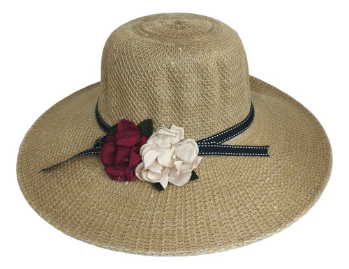 Sombrero Con Ala Larga Con Dos Flores  Y Cintillo Delgado