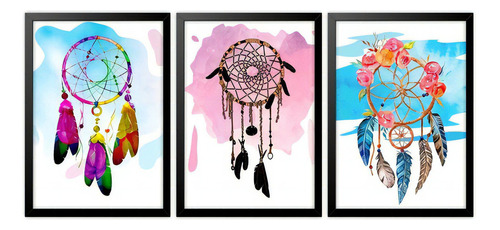 Kit 3 Quadros Decorativos Dream Catcher Com Moldura 45x105 Cor Da Armação Preto