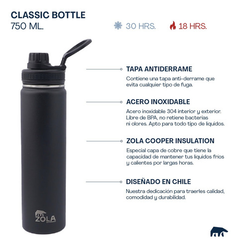 Termo Botella Térmica Zola 750ml / Tapa Rosca