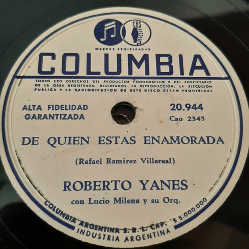 Pasta Roberto Yanes Con Lucio Milena Orq Columbia C483