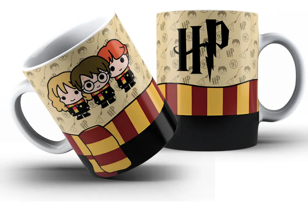 Caneca Harry Potter Desenho Cartoon 325mL Porcelana Branca Personalizável