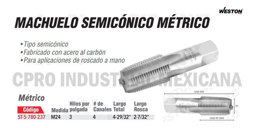 2 Machuelos Acero Al Carbón Semicónico Métrico M24 X 3