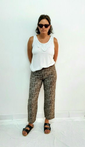 Pantalón Animal Print Marrón Cintura Elastizada Sin Talle