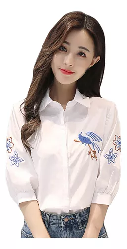 Camisas de las blusas de las mujeres Uniforme de la escuela coreana para  mujer Blusa blanca camisa Frente irregular Frente Corto trasero largo Top