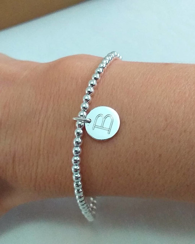 Pulsera Bolitas 3 Mm Con Dije Grabado Letra Cierre Mosqueton