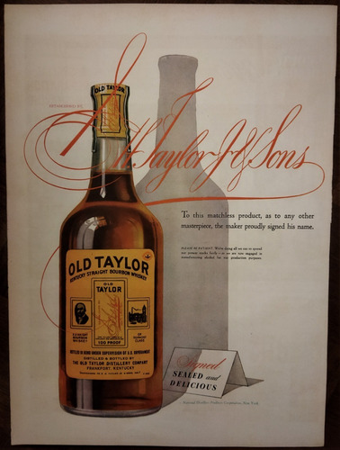 1944 Publicidad Vintage Whiskey Bourbon Old Taylor Usa Raro