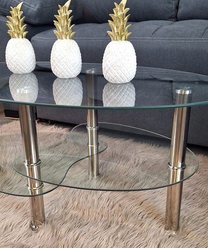 Mesa Ratona Moderna Vidrio Templado Con Estante Patas Acero