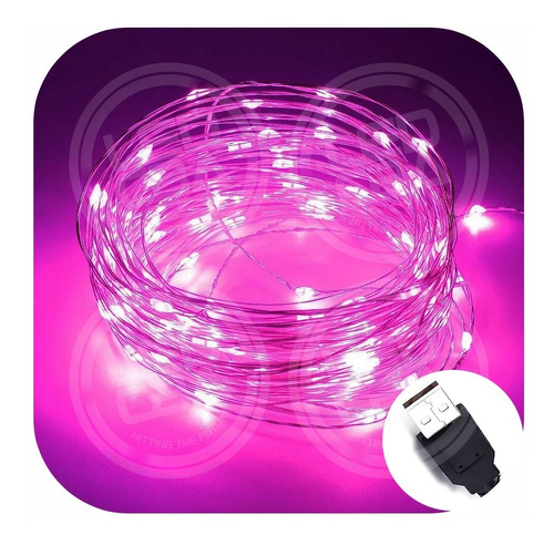 Guirnalda 100 Microled Alambre Plateado 10 M Rosa Usb + 220v