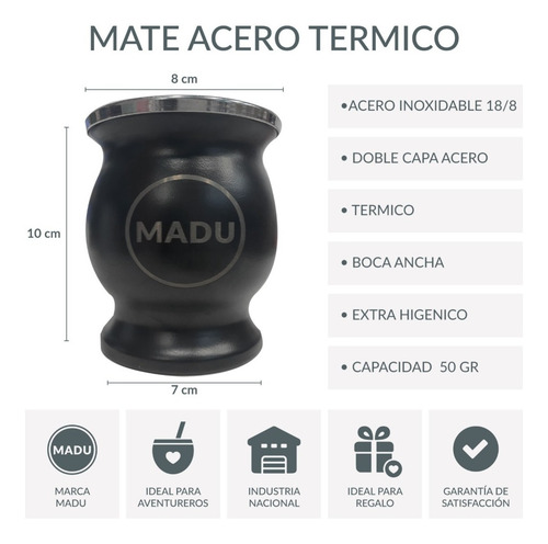 Imagen 2 de 10 de Mate Y Bombilla Acero Inoxidable Termico + Yerbera Azucarera