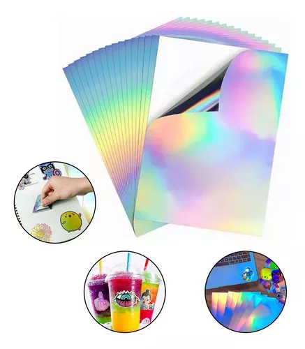 Papel adhesivo de vinilo para impresora de inyección de tinta, autoadhesivo  holográfico A4, impermeable, láser arcoíris, 10 hojas