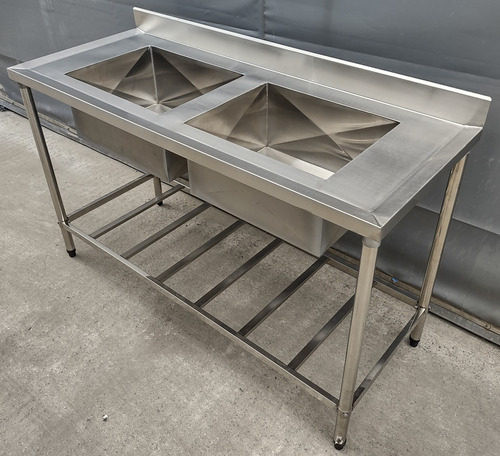 Pia Inox Industrial 120x60x90 C/ Prateleira Gradeada 2 Cubas