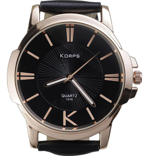 Relógio Luxo Korps 1319 Bronze Fundo Preto Pulseira Couro