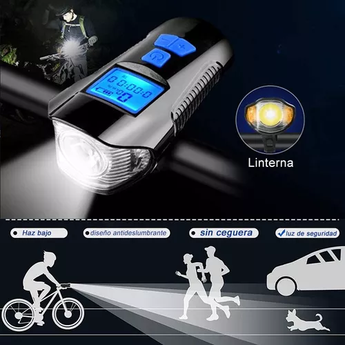 Luz Bicicleta Frontal Alarma Recargable Pantalla Velocimetro