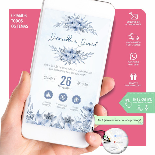 Convite Casamento Azul Serenity Digita Interativo Whats 3