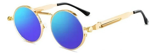Óculos de sol Bulier Modas Chicago, cor azul armação de aço cor dourado, lente azul de policarbonato espelhada, haste ouro de aço
