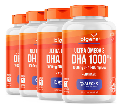 Kit 4x Ultra Omega 3 Dha 1000mg 400mg Epa Meg 3 60 Cápsulas Biogens