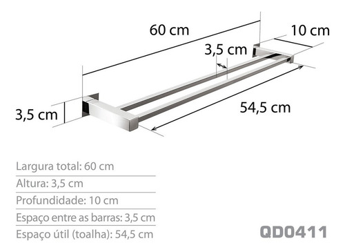 Toalheiro Duplo 60 Cm Aço Inox Ref: Qd0411