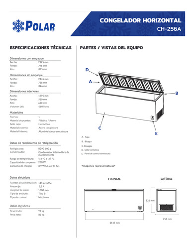Congelador Tapa Cofre Comercial Polar Ch-256a -18°c A -27°c