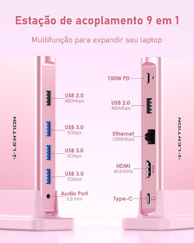 Adaptador Hub Usb C P Lention Dockstation 9 Em 1 4khdmi 3*usb3.0 100w Carregamento Rápido Rj45 Cor Rosa