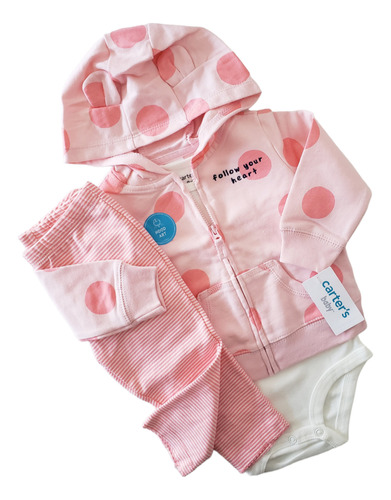 Conjunto Beba Carters Campera Body Pantalon Rosa Lunares 