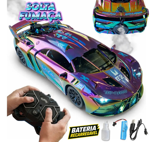Carrinho Controle Remoto Recarregável Grande Solta Fumaça Luzes Farol Esportivo Cor Metalizado Led Drift Hyper Atacarejo Kids