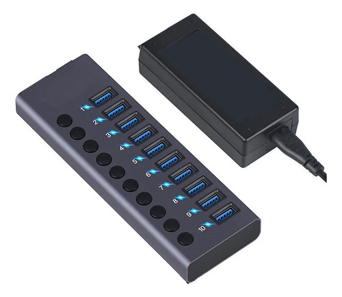 Hub Usb 3.0 De Aluminio Con 10 Puertos Con Switch Individual