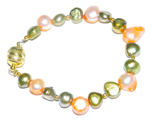 Pulsera 18 Perlas Cultivada 10 Mm Color Olive Naranja