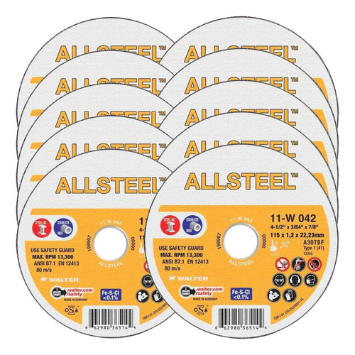 Kit Discos De Corte Allstell Walter P/ Aço E Inox 