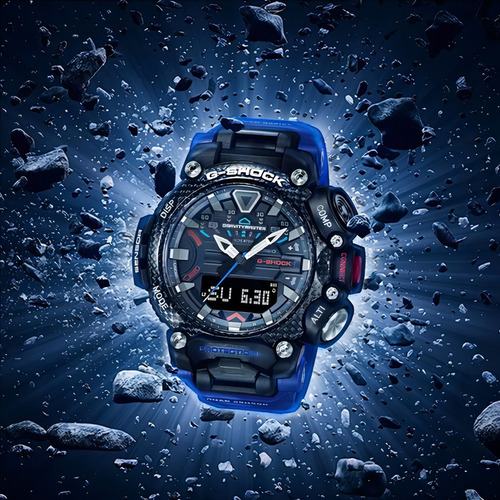 Reloj Casio G-shock Gravitymaster GR-B200-1A2DR Senso con correa cuádruple, color azul bisel, color gris oscuro, fondo gris oscuro