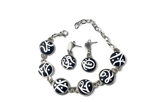 Pulsera Eslabón Combinado Y Aretes Juego Redondo Fimofemi