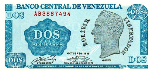 Billete 2 Bolívares  05 De Octubre 1989 Tinoquito Serial Ab7