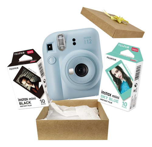 Camera Revela Foto Instax Mini Kit Filme Preto + Skyblue Cor Azul