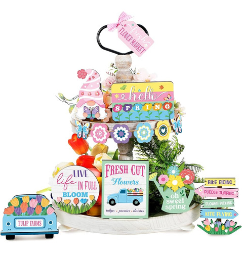 14 Piezas Hello Spring Tiered Tray Decorations Easter Escale