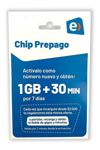 Chip Prepago Entel 1gb + 30 Minutos Por 2 Meses Pack 25