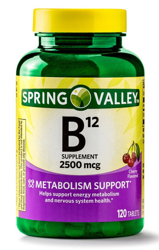 Vitamina B12 (Cianocobalamina pura 2500mcg) (120 comprimidos de vitamina B12 Spring Valley) são formulados para promover o metabolismo energético e a saúde do sistema nervoso para uma vida saudável