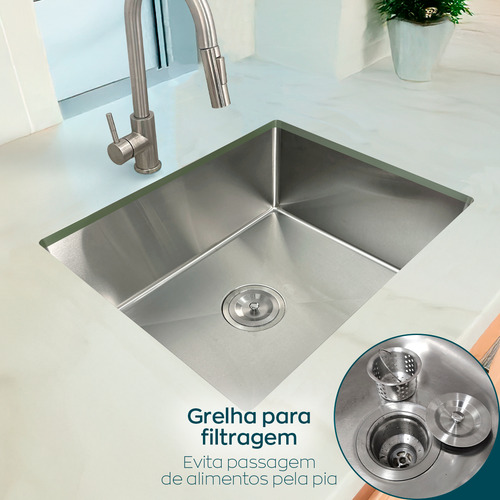 Cuba Inox Gourmet 50x40 Cm Quadrada De Embutir Bancada E Valvula Higiênica 4 1/2 Com Cesto Removível Aço Inox Pia Cozinha Dona D.cor