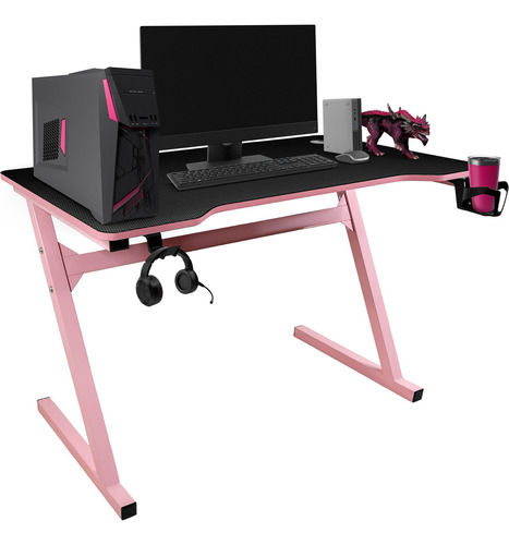 Escritorio Gamer Portavasos Soporte Audifonos Fibra Carbono Color Rosa