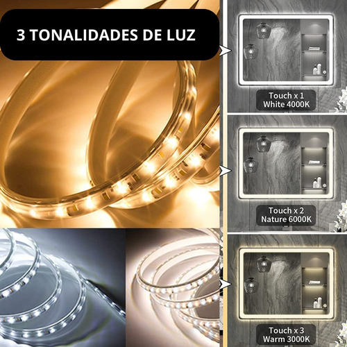 Espejo Rectangular Touch 50x70 3 Luces+dimmer+antifog+reloj