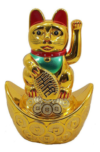 Maneki Neko Gato Da Sorte Dourado Barco 14 Cm Pilha Aa