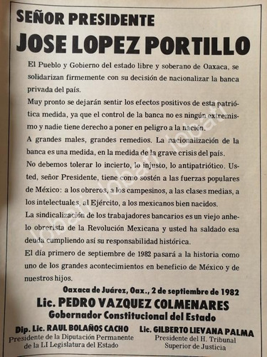 Cartel Oaxaca Felicita A Lopez Portillo X Nacionalizar Banco