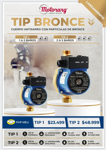 Imagen 10 de 12 de Bomba Presurizadora Motorarg Tip 2 Bronce 3 Baños 270 Watts