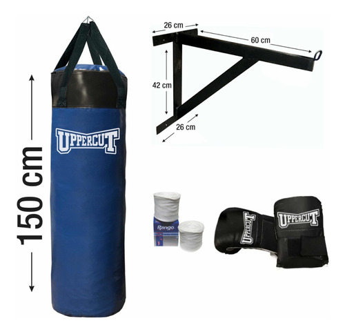 Imagen 1 de 8 de Bolsa Kick Boxing 150+relleno+guantines+venda+soporte/p+kit