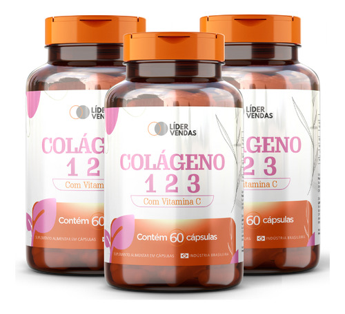 Colágeno Tipo 1,2 E 3 Com Vitamina C- 60 Cápsulas 1g 3 Potes