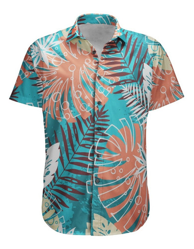 Camisa Botão Folhagem Tropical Color Floral Hawaii Vintage