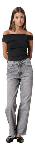 Pantalón Mom Straight De Jean Rígido Tiro Medio - Acid