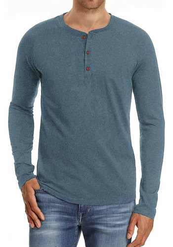 Playera Casual Manga Larga Cuello Henley Algodón Para Hombre