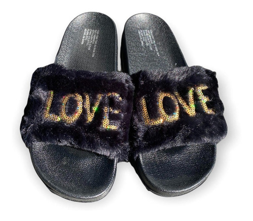 Chalas Pantuflas Sandalias Mujer Fluffy Peludas Modelo Love