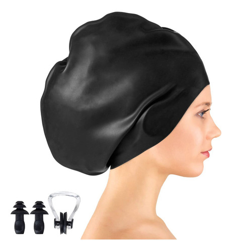 Gorro Natación Silicona Pelo Largo Grande Hombre Mujer Negro